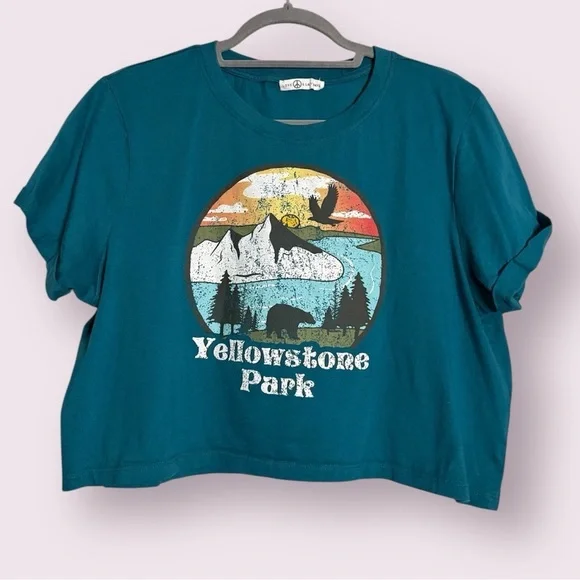 Love & Lazy Days Teal Blue Yellowstone Park Graphic Cropped TShirt Large - Picture 1 of 8